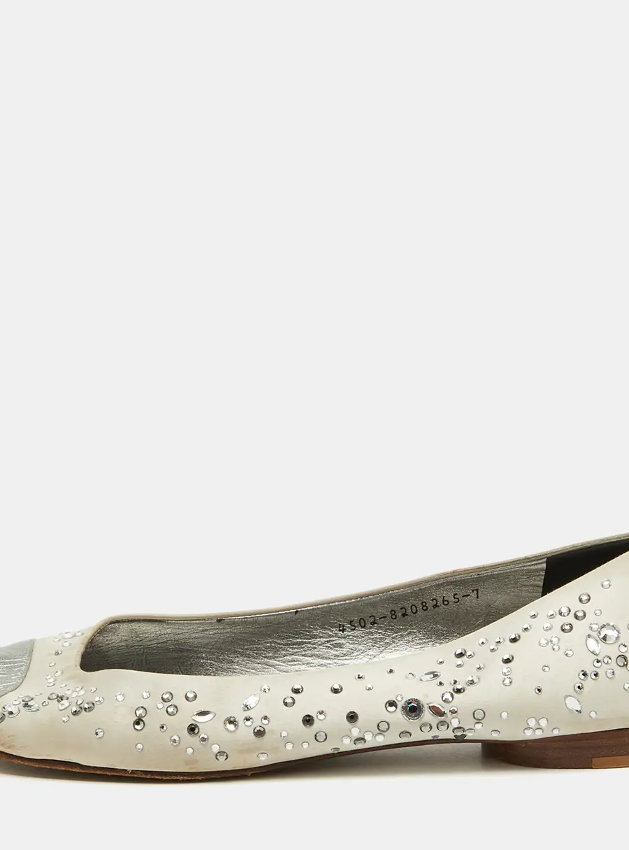 Gina Light Grey/Silver Satin and Leather Crystal Embellished Ballet Flats Size 40