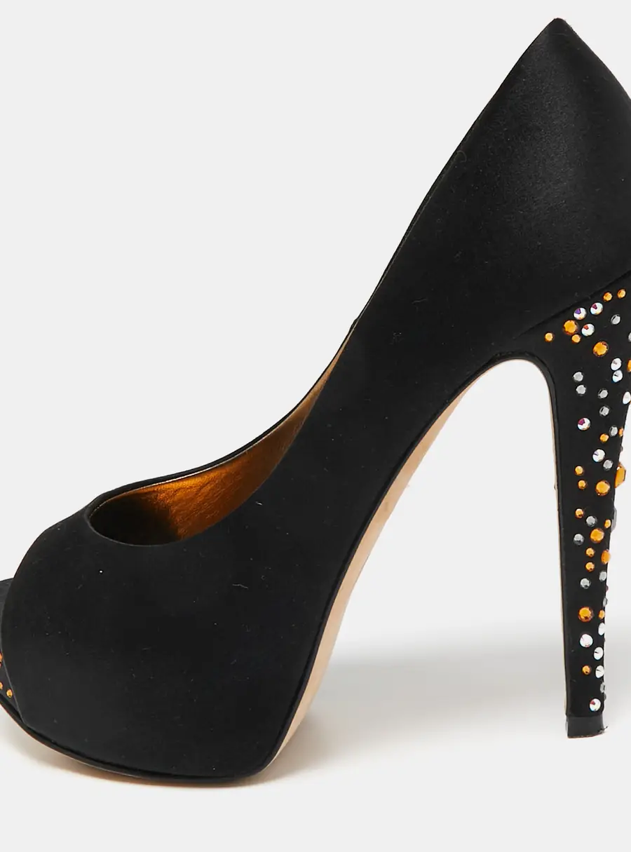 Gina Black Satin Jenna Crystal Embellished Platform Pumps Size 37.5