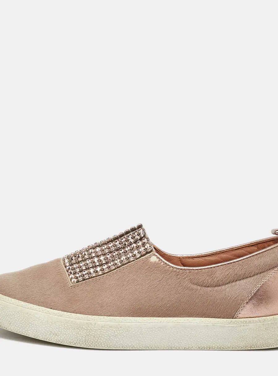 Gina Beige/Metallic Calf Hair and Leather Crystal Embellished Slip On Sneakers Size 37