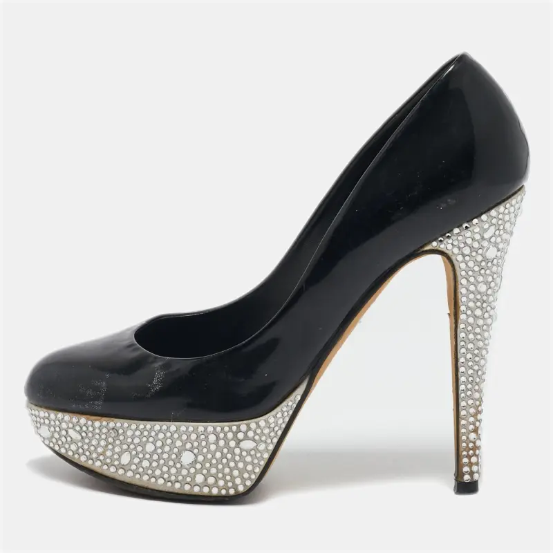 Gina Black Patent Leather  Crystal Embellished Platform Pumps Size 37