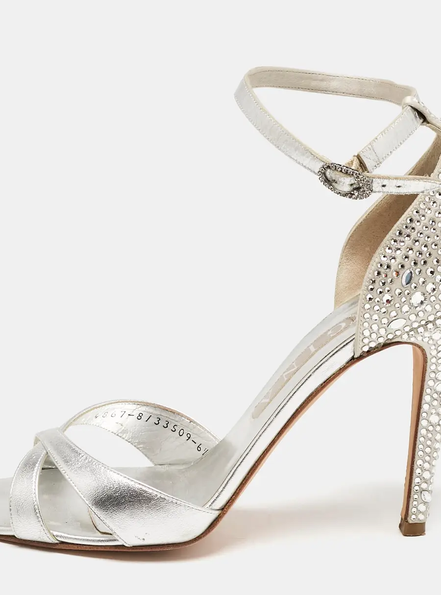 Gina Silver Leather Crystals Embellished Ankle Strap Sandals Size 39.5