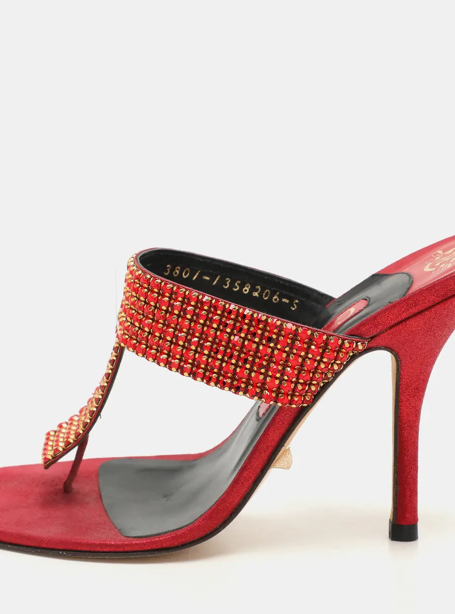 Gina Red Crystals Embellished Thong Slides Sandals Size 38