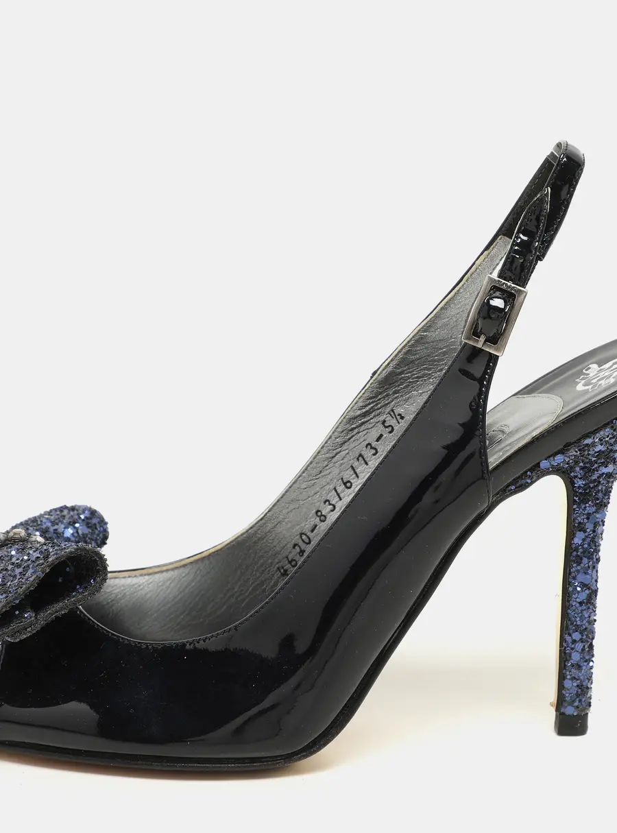 Gina Blue Patent Leather and Glitter Bow Embellished Peep Toe Slingback Pumps Size 38.5