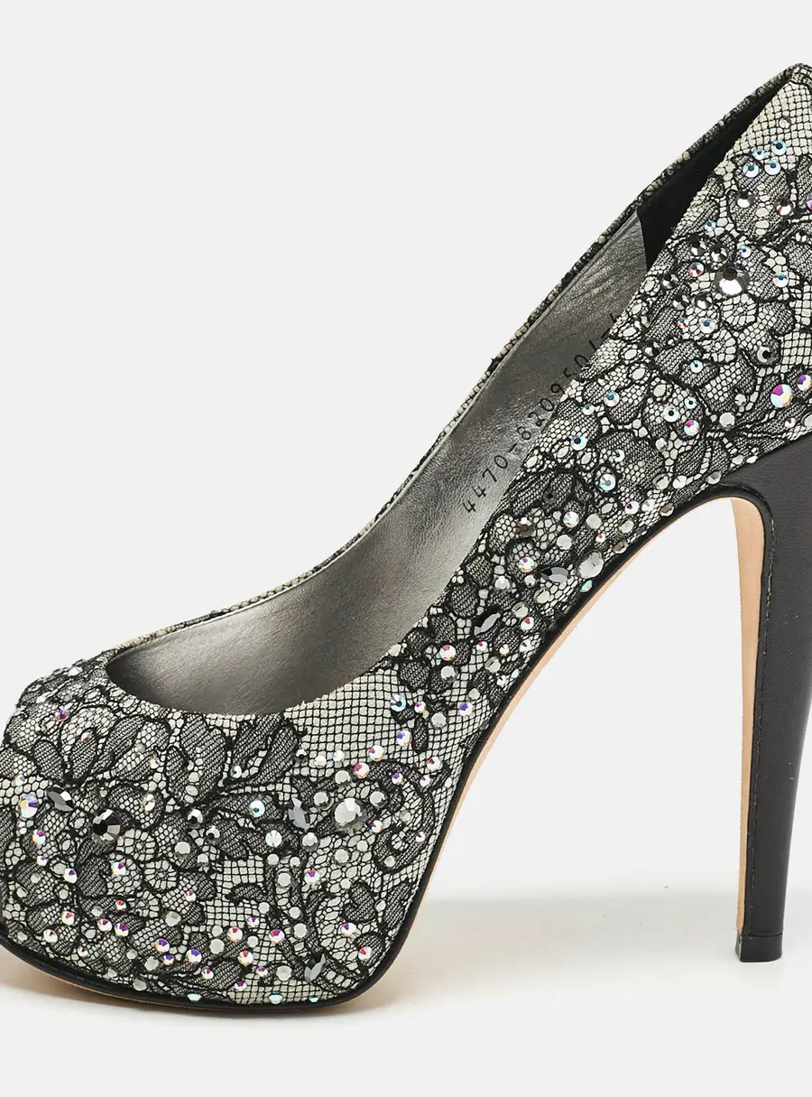 Gina Grey/Black Lace Crystal Embellished Open Toe Platform Pumps Size 39