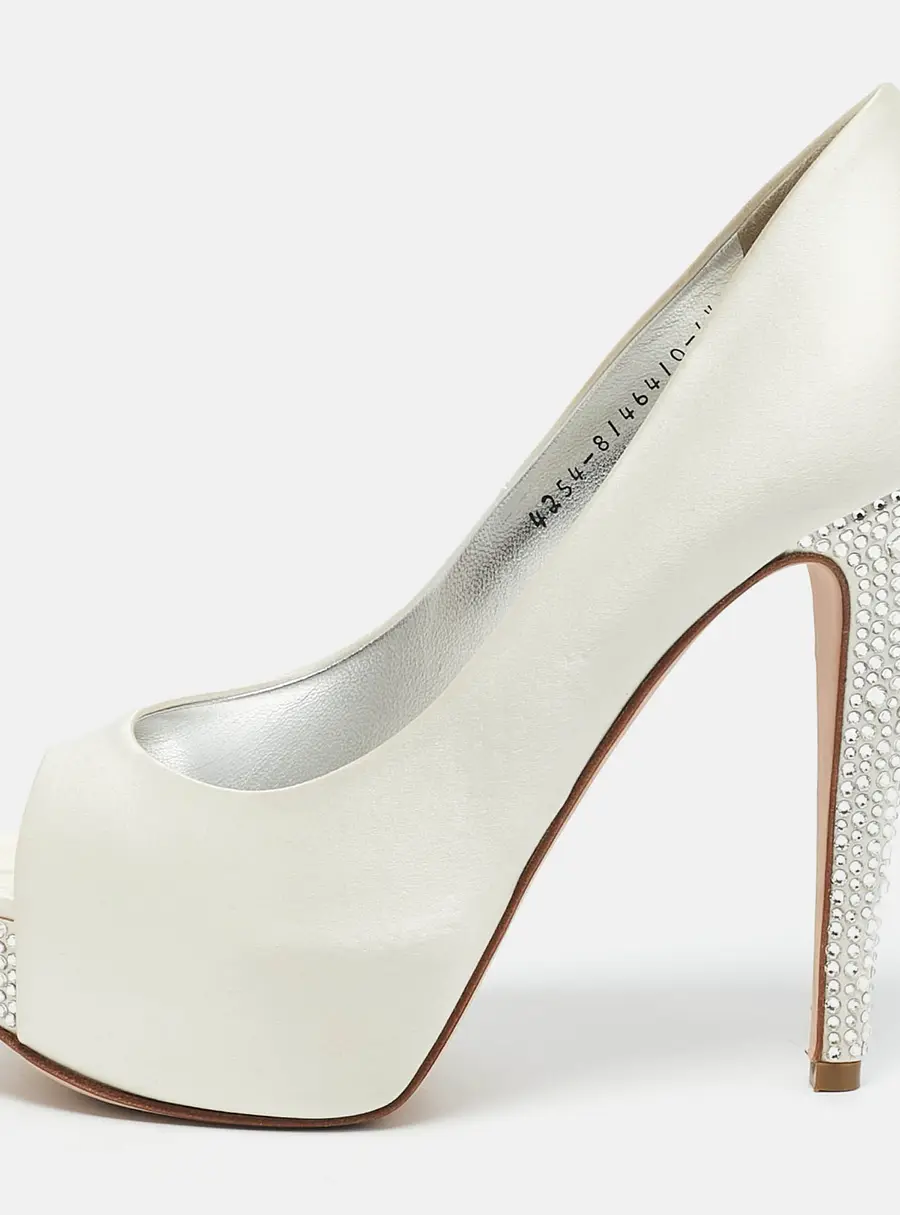 Gina White Satin Jenna Crystal Embellished Heel Open Toe Platform Pumps Size 39.5
