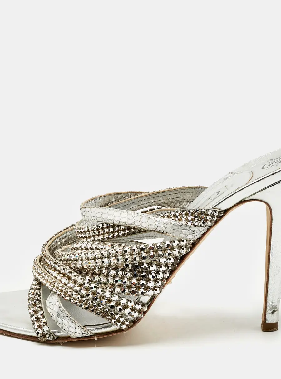 Gina Silver Leather and Snakeskin Embossed Crystal Embellished Slide Sandals Size 39.5