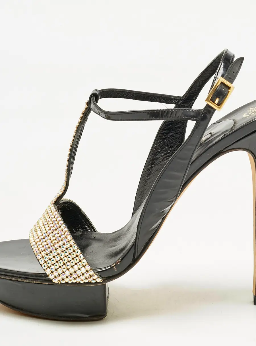 Gina Black Patent Leather Crystal Embellished T-Strap Sandals Size 40