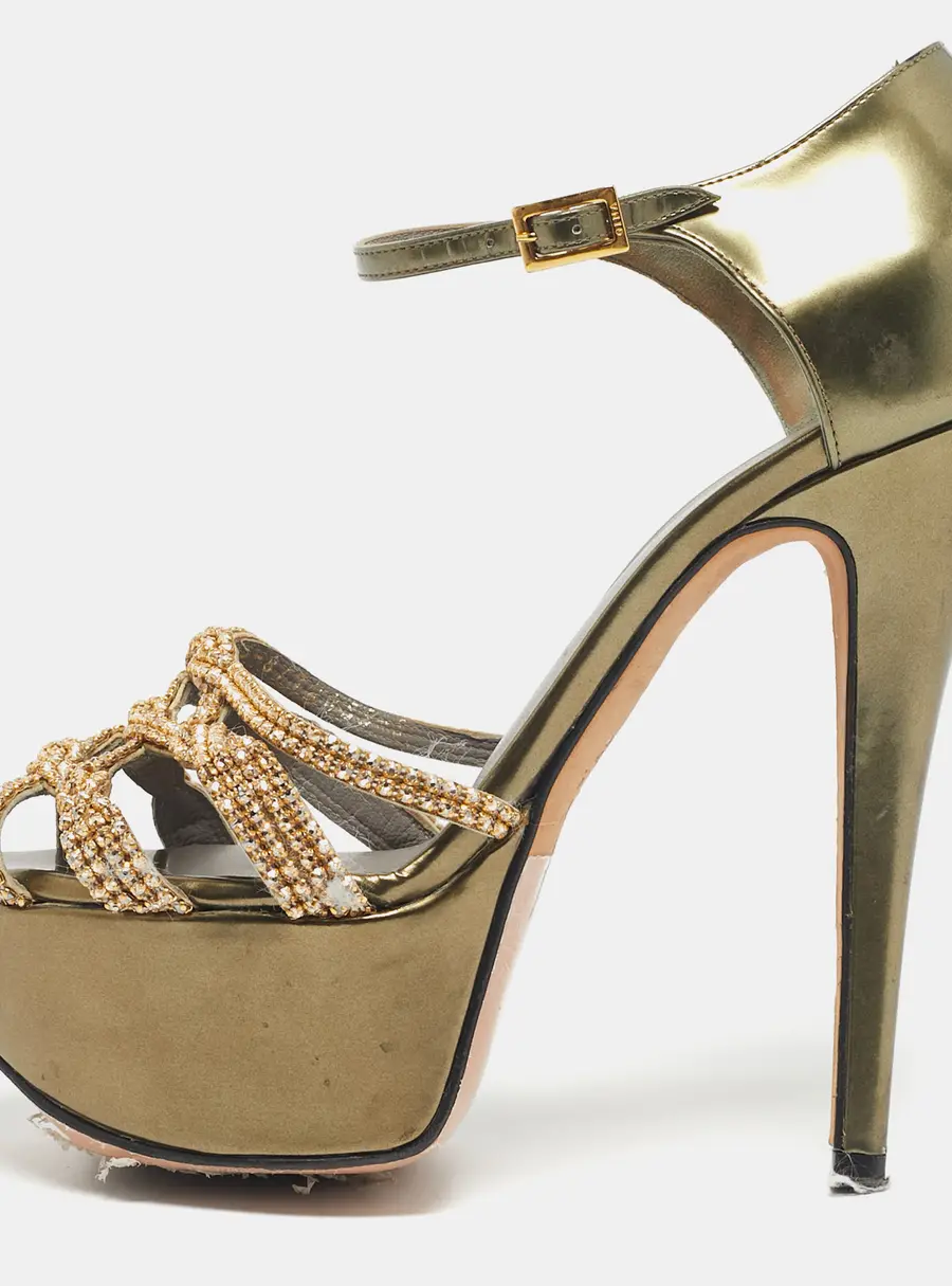 Gina Green Patent Leather Crystal Embellished Ankle Strap Platform Sandals Size 38