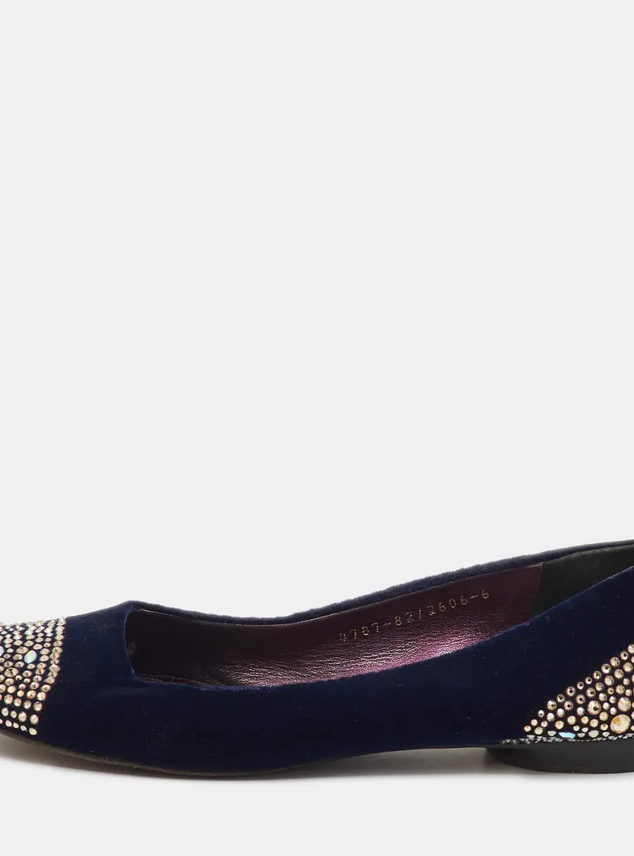 Gina Navy Blue Velvet Crystal Embellished Ballet Flats Size 39