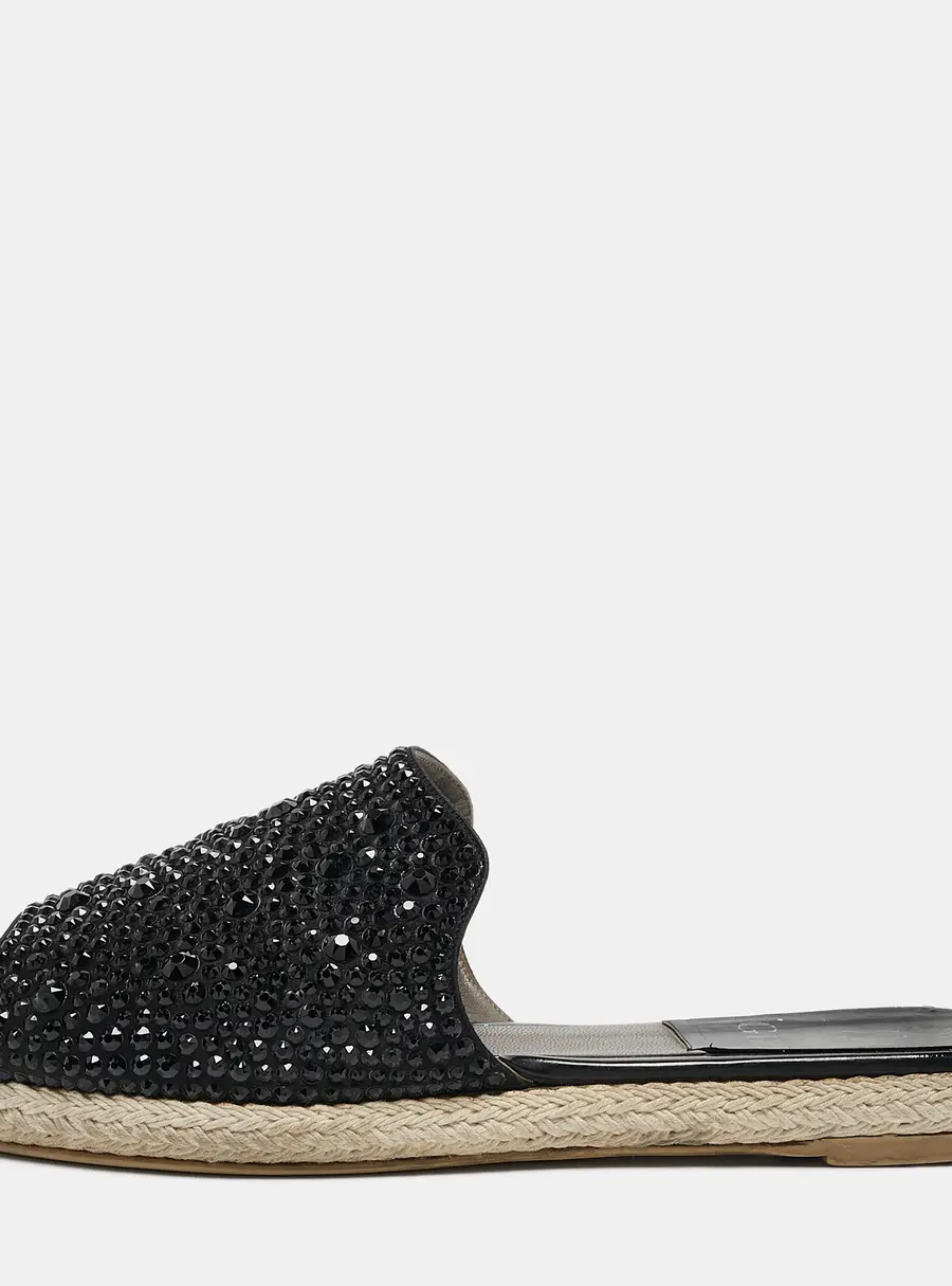 Gina Black Satin Crystal Embellished Espadrille Flats Size 37