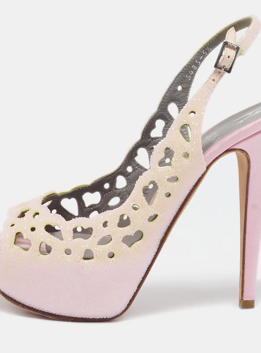 Gina Light Pink Crystal Embellished Suede Cut-Out Platform Slingback Sandals Size 38.5