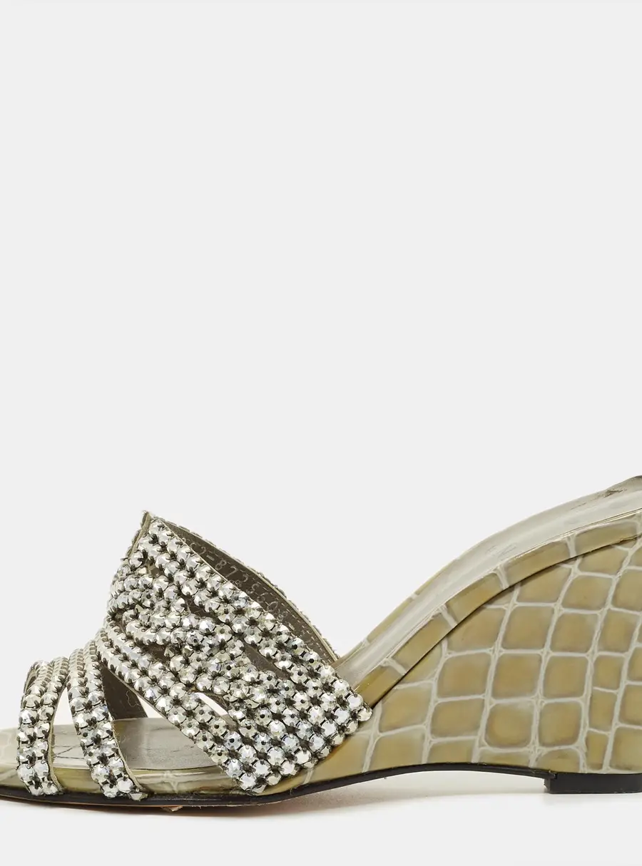 Gina Grey Croc Embossed Leather and Leather Rodeo Wedge Slide Sandals Size 36.5
