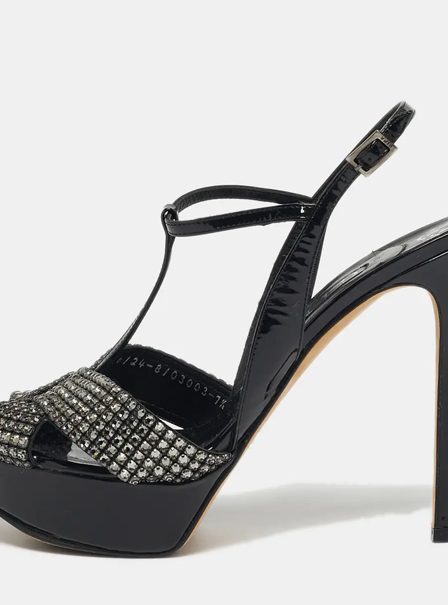 Gina Size 40.5 Black Patent Leather Crystal Embellished T-Strap Platform Sandals