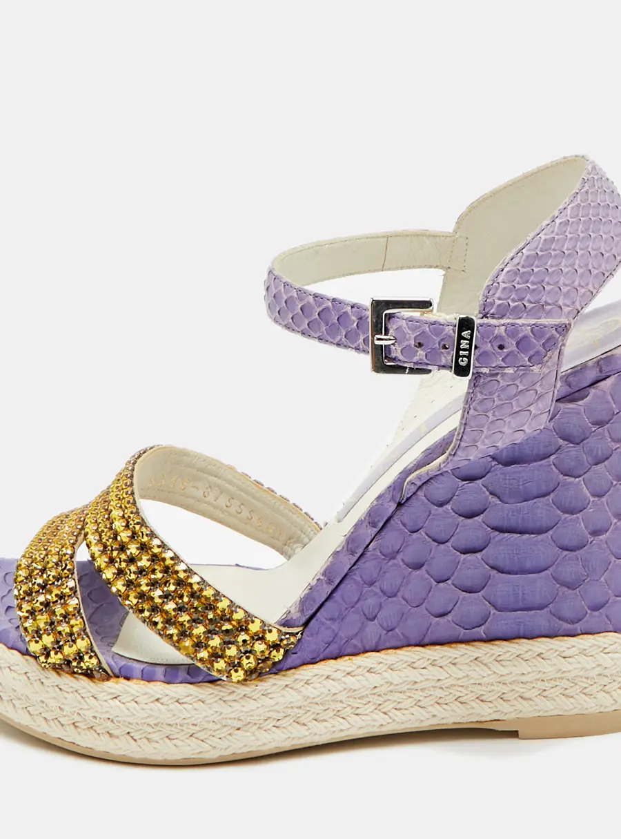 Gina Size 38 Purple Python Leather Crystal Embellished Wedge Ankle Strap Sandals