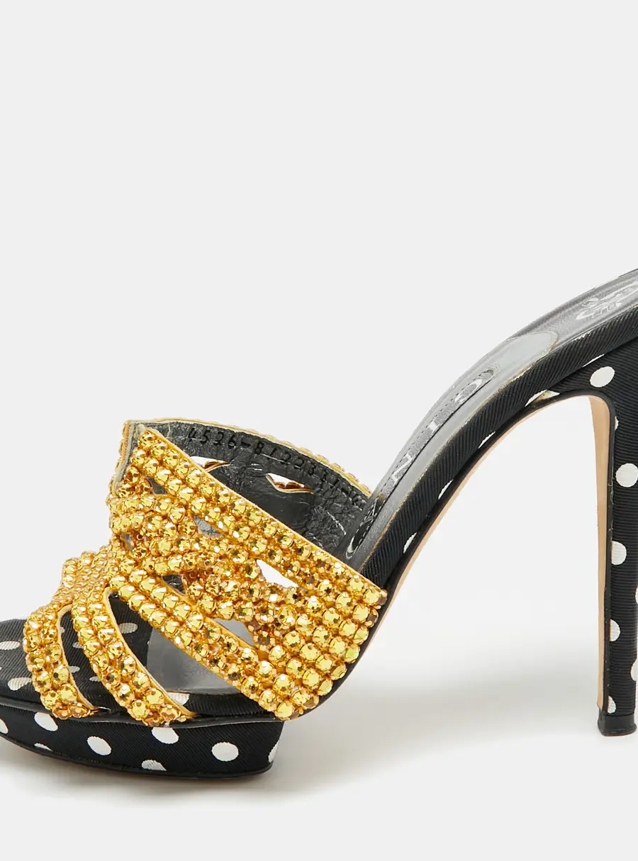 Gina Size 37 Black/Gold Leather And Canvas Crystal Embellished Slide Sandals