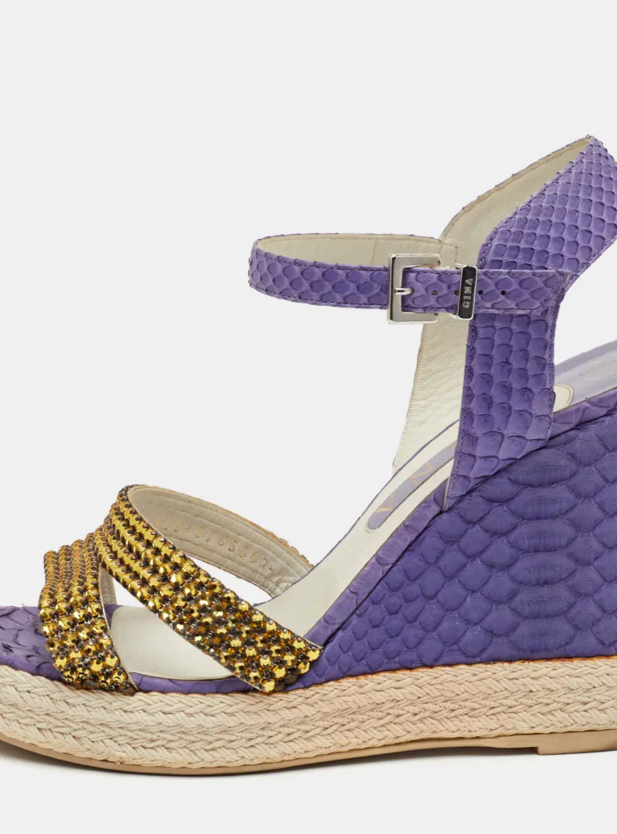 Gina Size 40 Purple Python Leather Crystal Embellished Platform Wedge Ankle Strap Sandals