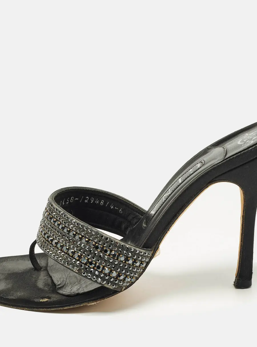 Gina Size 39 Black Leather Crystal Embellished Thong Slide Sandals