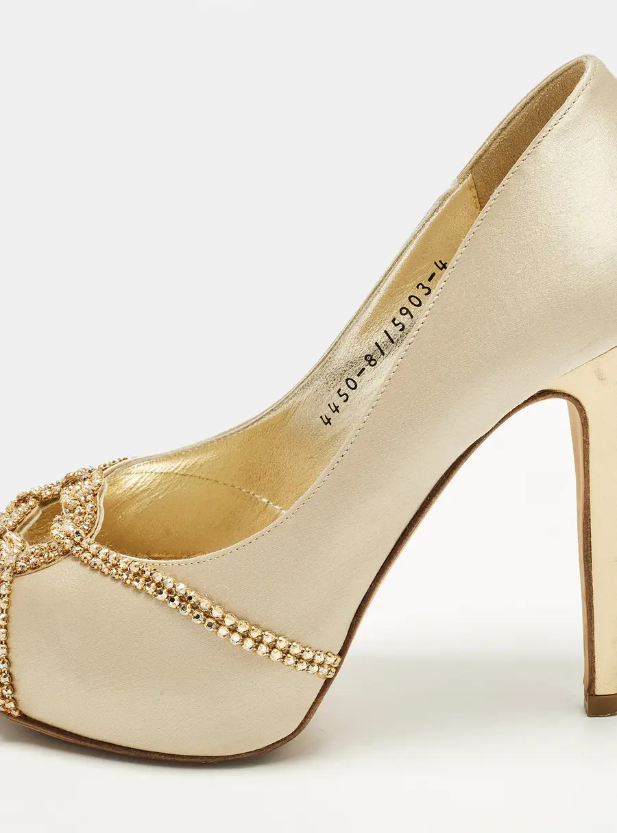 Gina Size 37 Gold Leather and Satin Crystal Embellished Platform Pumps