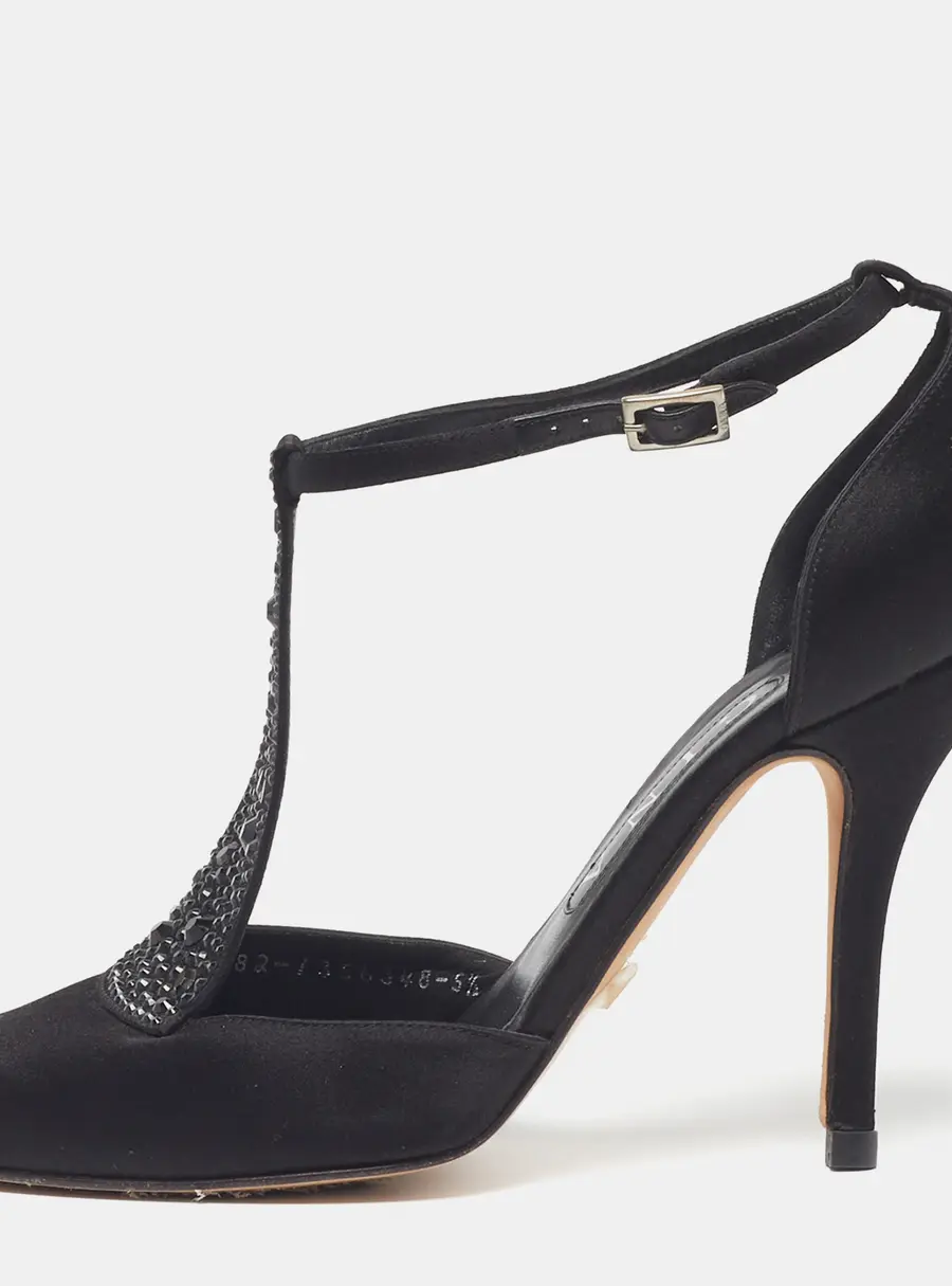 Gina Size 38.5 Black Satin Crystal Embellished T-Bar Pumps