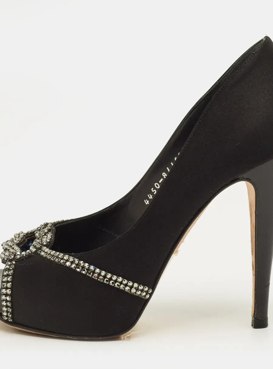 Gina Size 38 Black Satin Crystal Embellished Platform Pumps