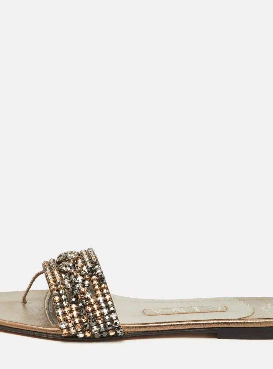 Gina Aurora Thong Size 37.5 Silver Leather Crystal Embellished Flat Sandals