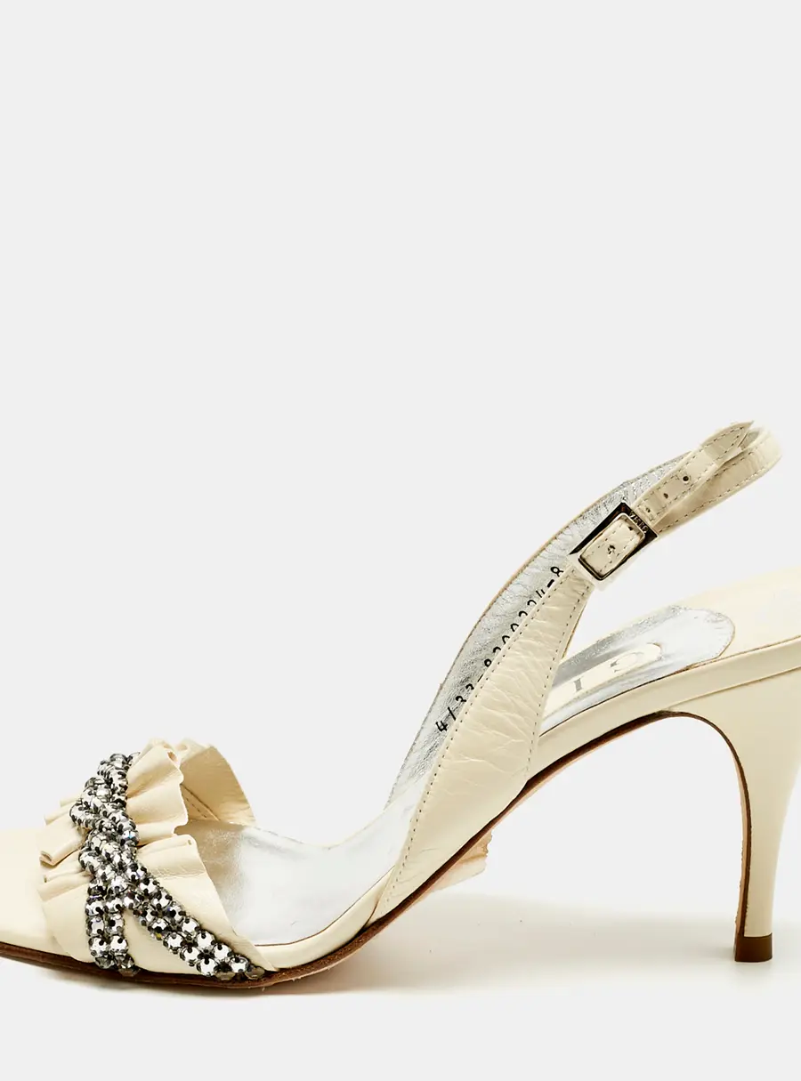 Gina Cream Leather Crystal Embellish Slingback Sandals Size 41