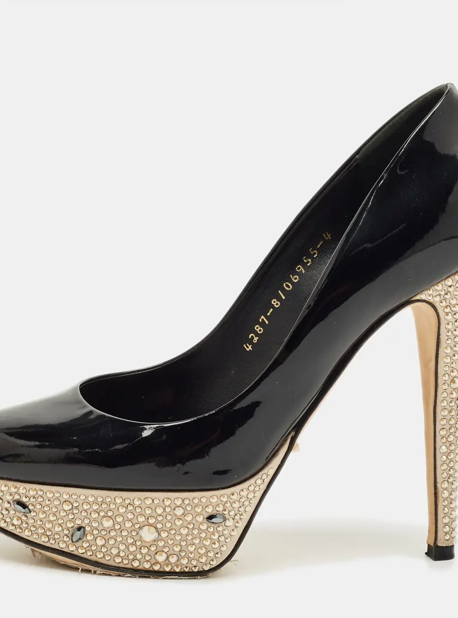 Gina Black Patent Leather Crystal Embellished Platform Pumps Size 37