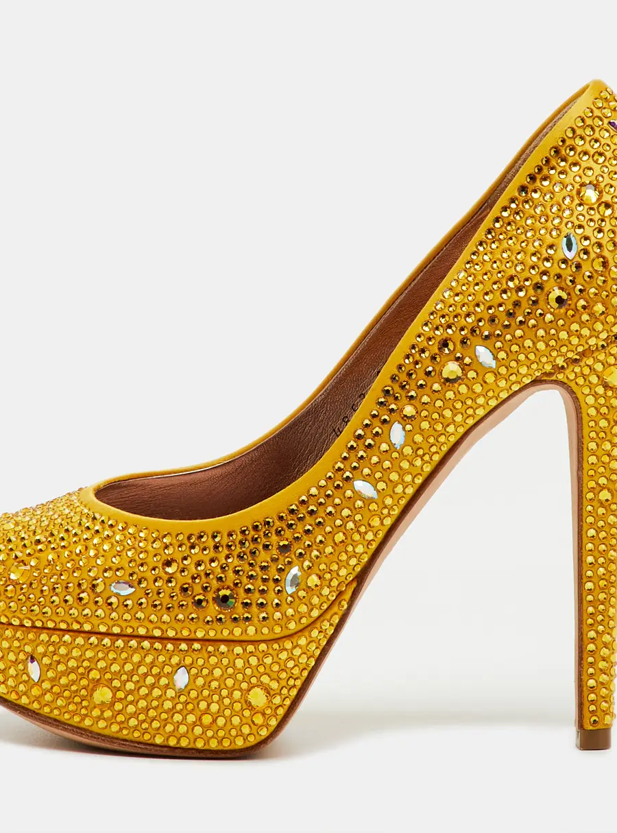 Gina Yellow Satin Dolly Crystal Embellished Platform Pumps Size 37.5