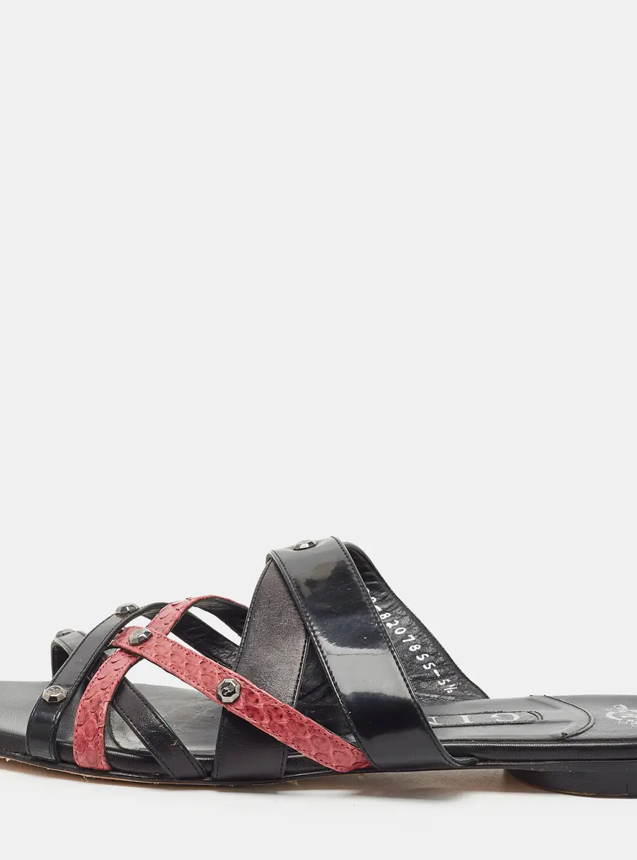 Gina Size 38.5 Black Python and Leather Strap Studd Flat Slide