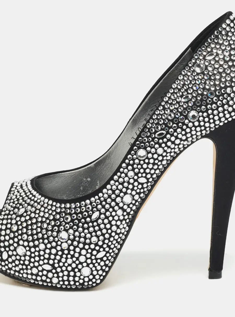 Gina Size 38.5 Silver/Black Satin Crystal Embellished Platform Pumps