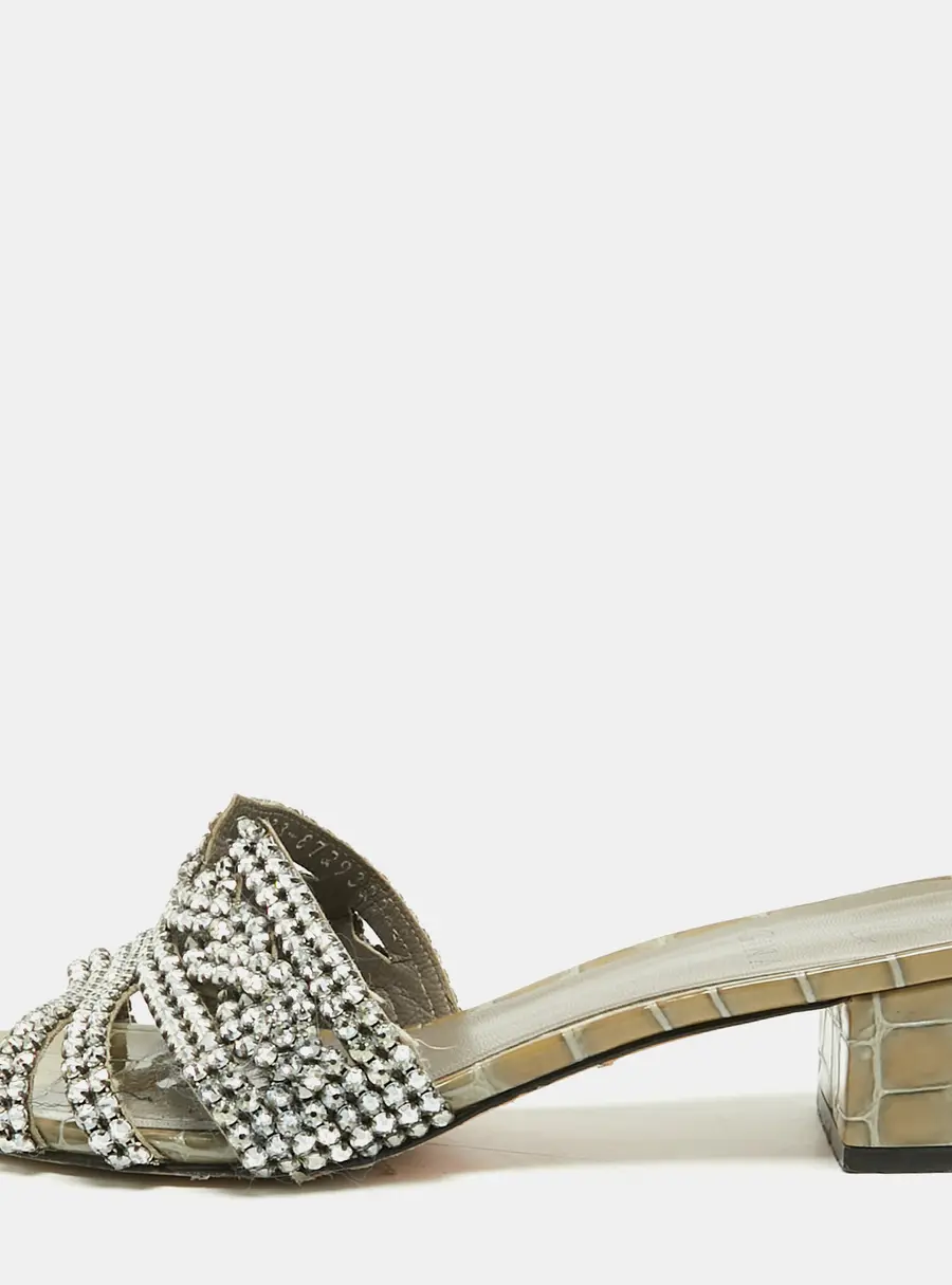 Gina Oregon Size 38 Grey Croc Embossed Leather Crystal Embellished Slide Sandals