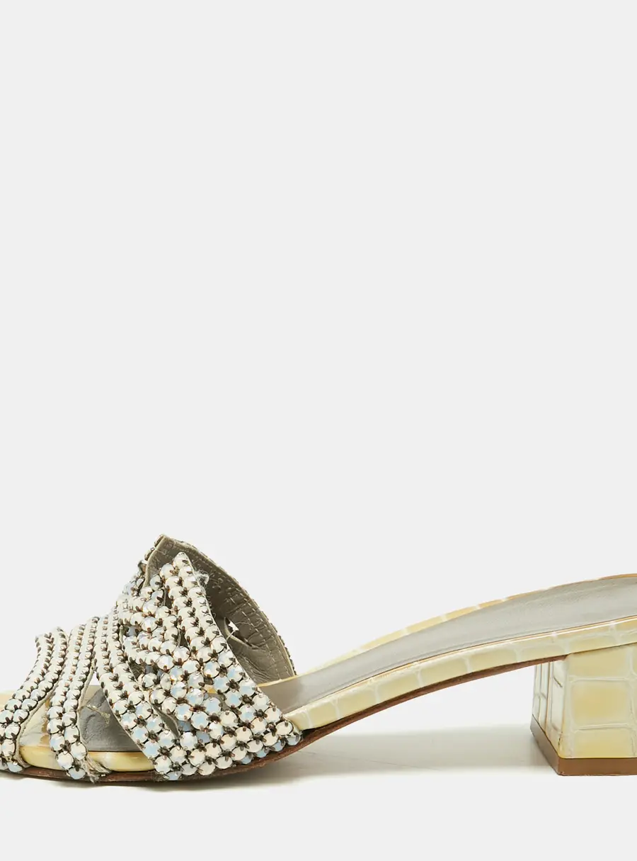 Gina Oregon Size 38 Beige Croc Embossed Leather Crystal Embellished Slide Sandals