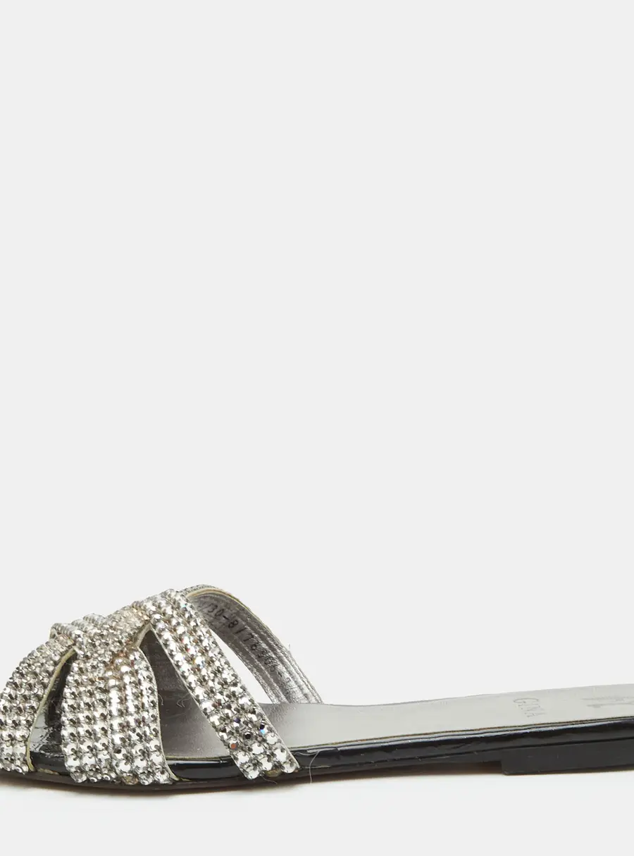 Gina Size 40.5 Black Croc Embossed Leather Crystal Embellished Flat Slide Sandals