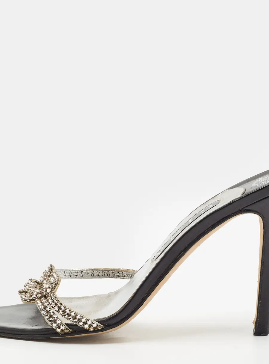 Gina Size 39 Black/Silver Leather Crystal Embellished Slide Sandals