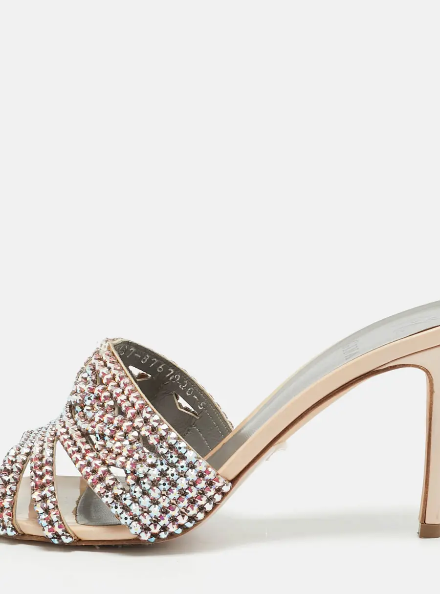 Gina Size 38 Beige Leather Crystal Embellished  Slide Sandals