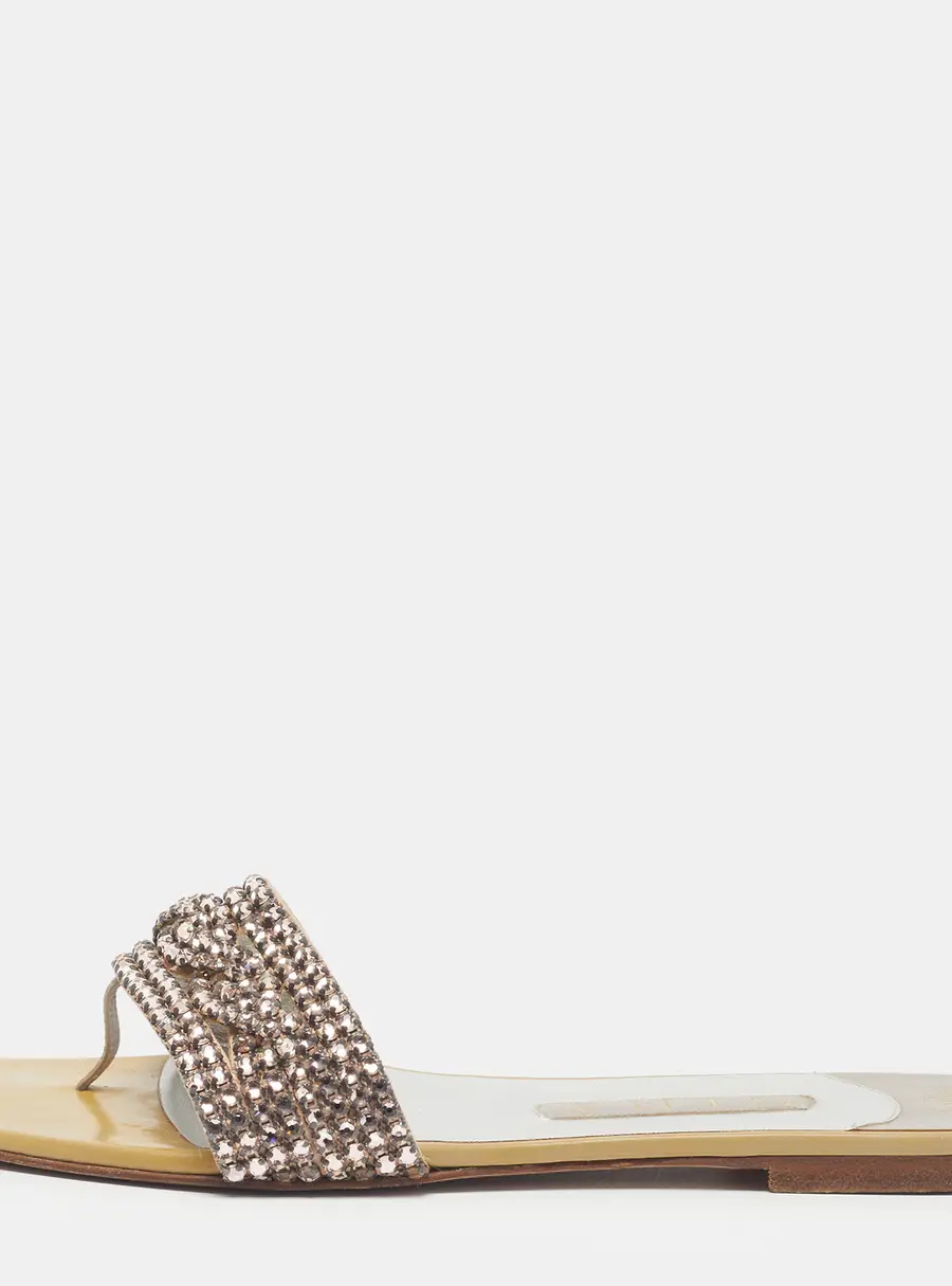 Gina Size 39.5 Yellow Crystal Embellished Leather Flat Sandals