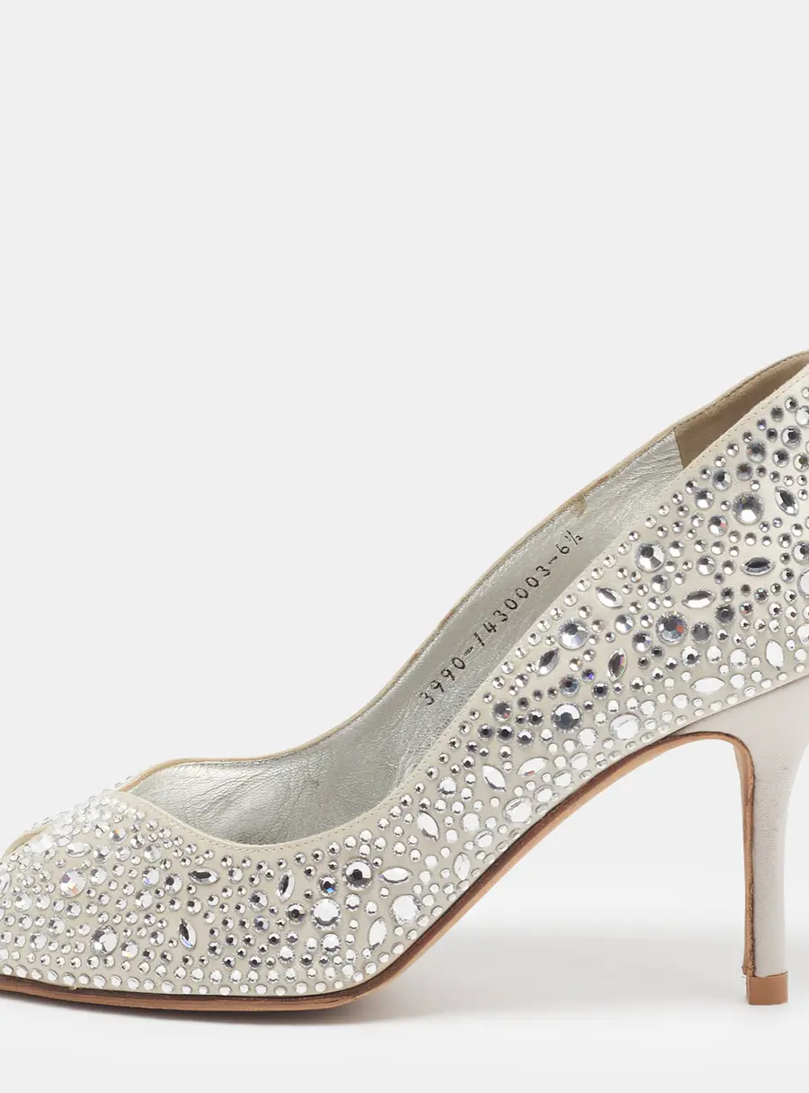Gina Size 39.5 Silver Satin Crystal Embellished Ayres Peep Toe Pumps