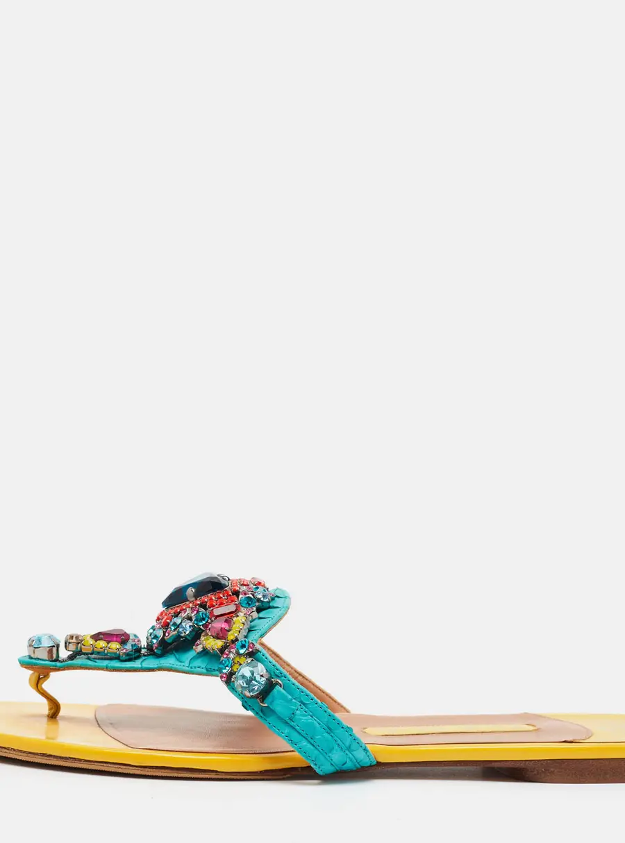Gina Size 40 Multicolor Python Leather Crystals Embellished Thong Flat Sandals