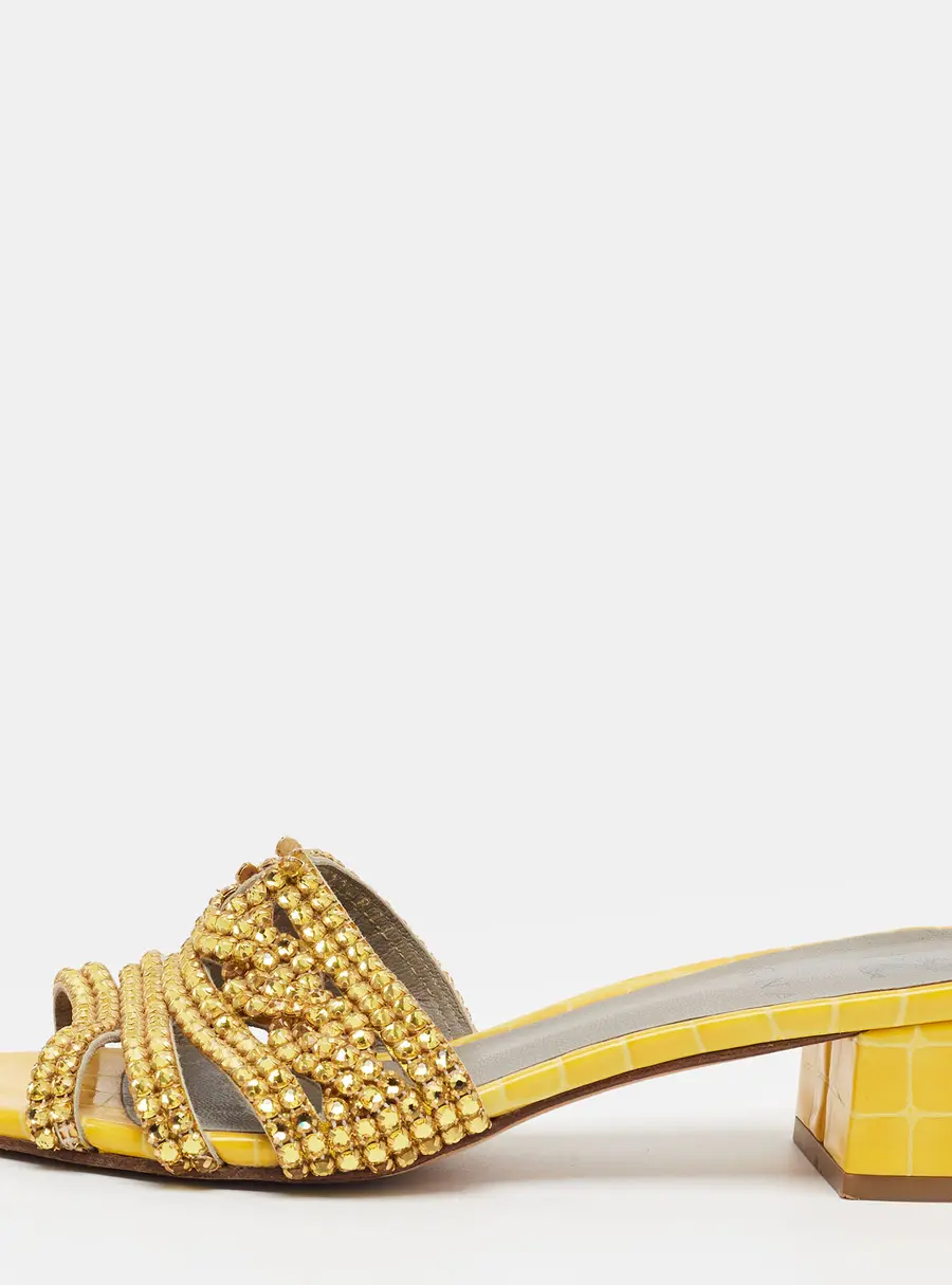 Gina Size 37 Yellow Croc Embossed and Leather Crystal Embellished Slide Sandals