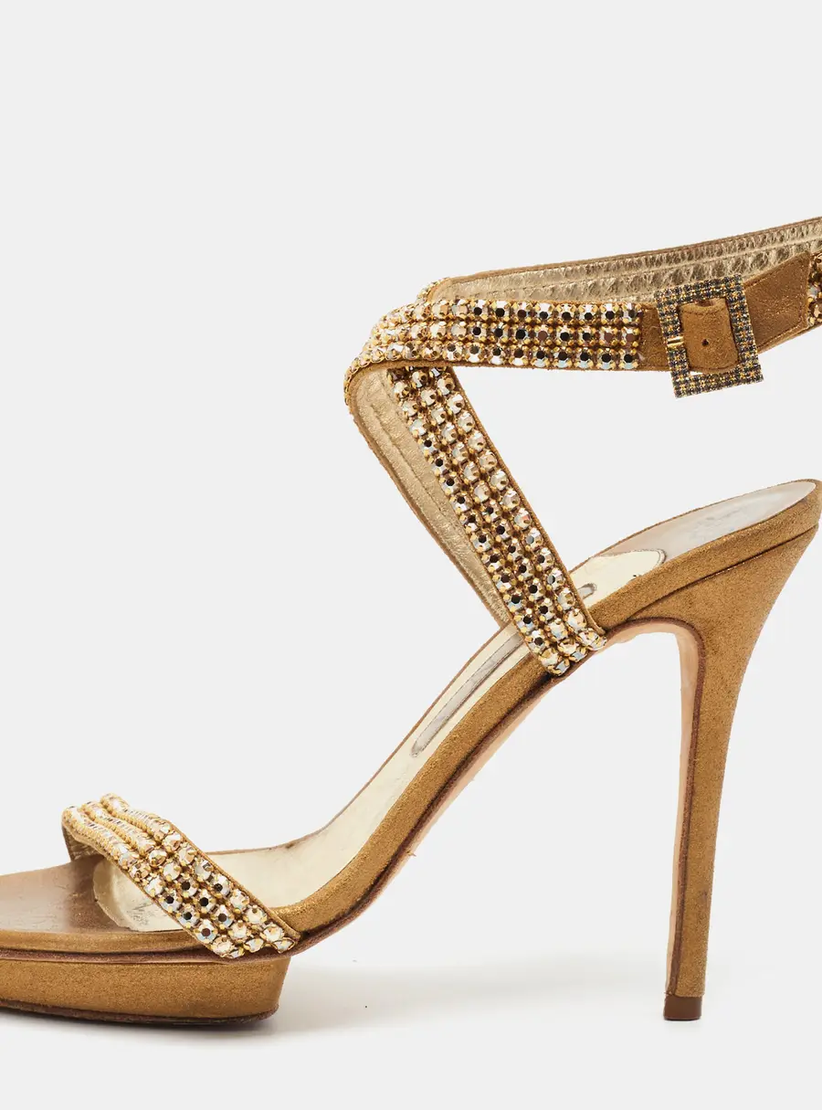 Gina Size 39 Gold Leather Crystal  Embellished Ankle Strap Sandals