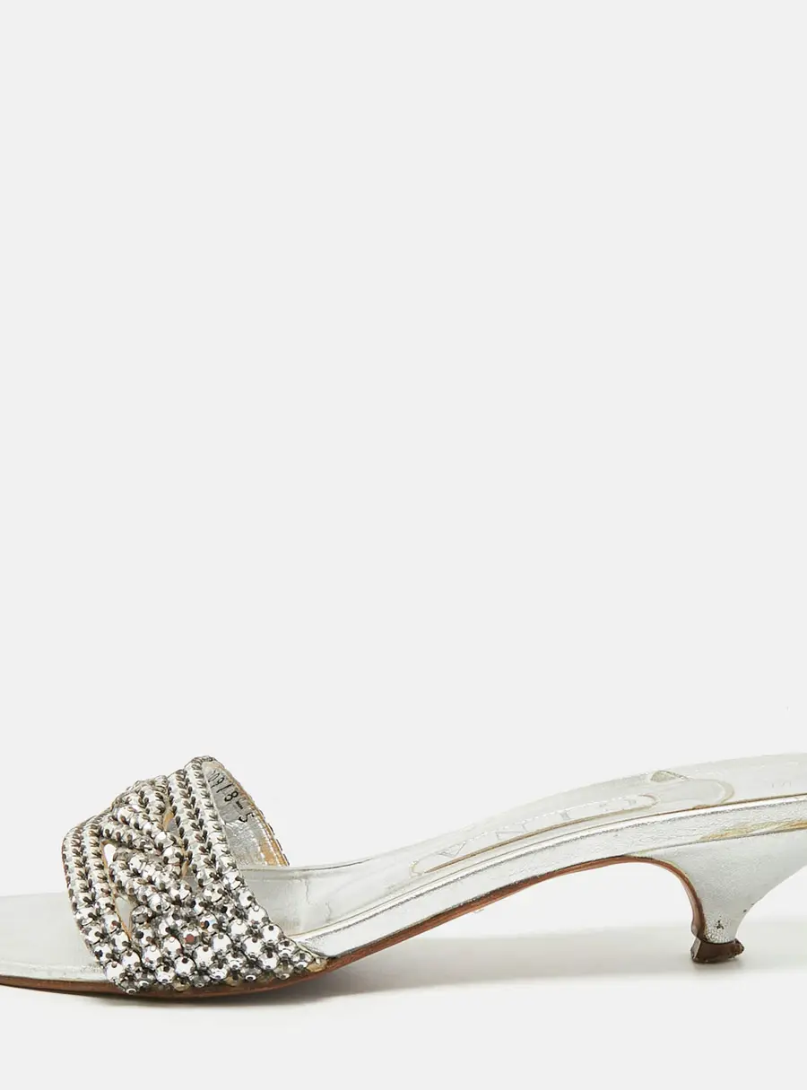 Gina Size 38 Silver Leather Crystal Embellished Kitten Heel Slide Sandals