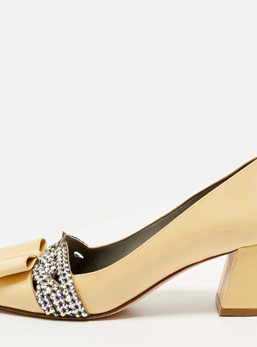 Gina Size 37 Beige Patent Leather Crystal Embellished Block Heel Pumps