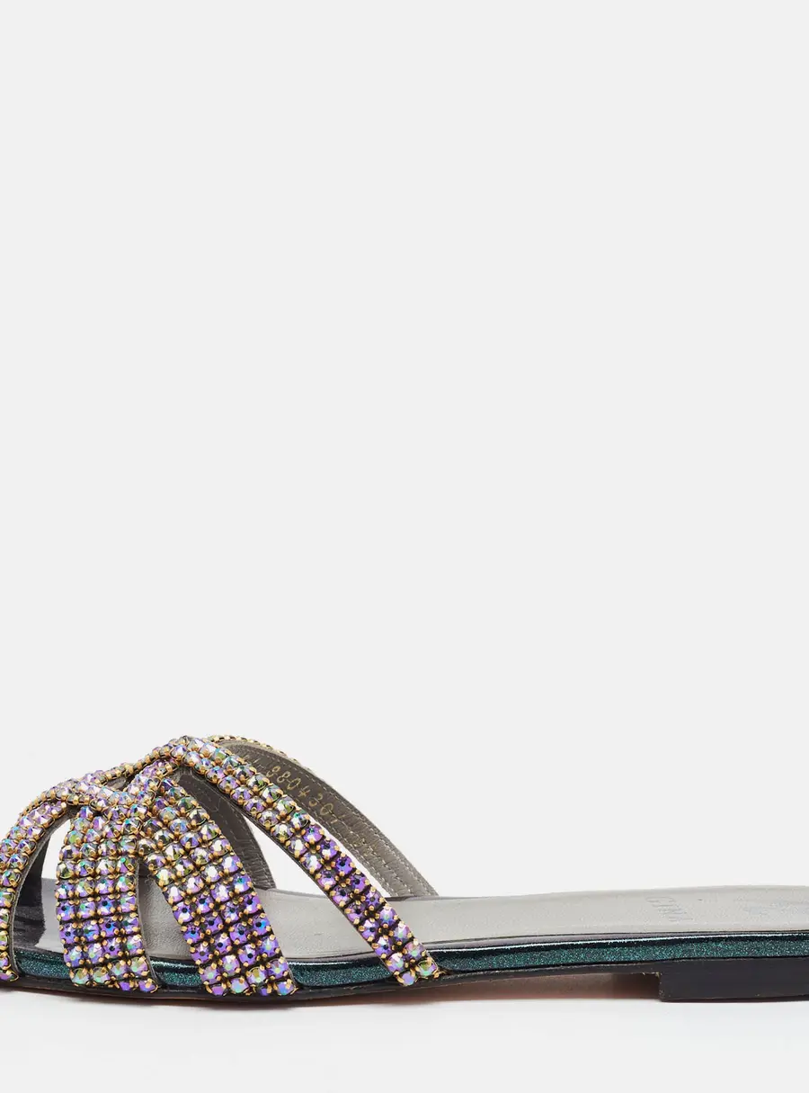 Gina Loren Size 38 Multicolor Leather Crystal Embellished Flat Slides