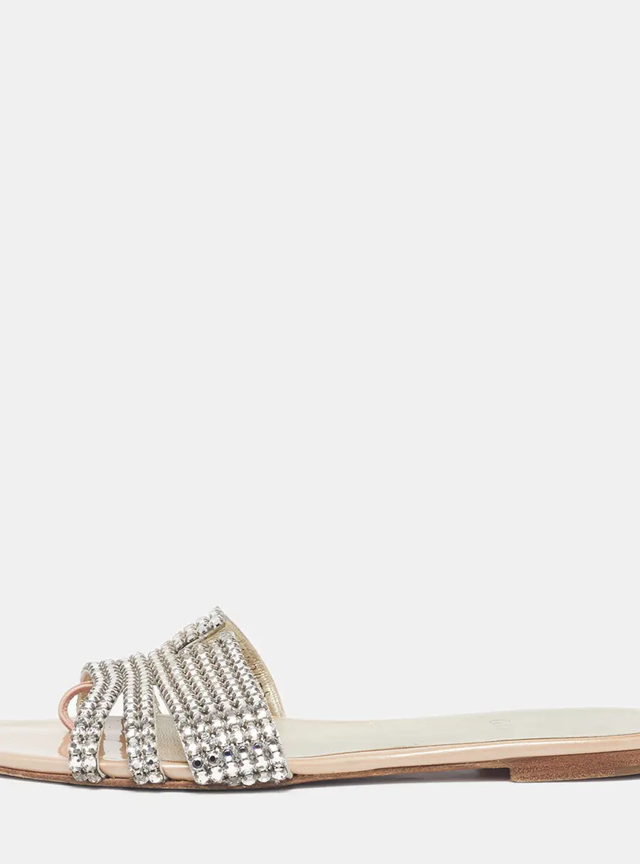 Gina Loren Size 38 Beige Patent Leather Crystal Embellished Flat Slide Sandals