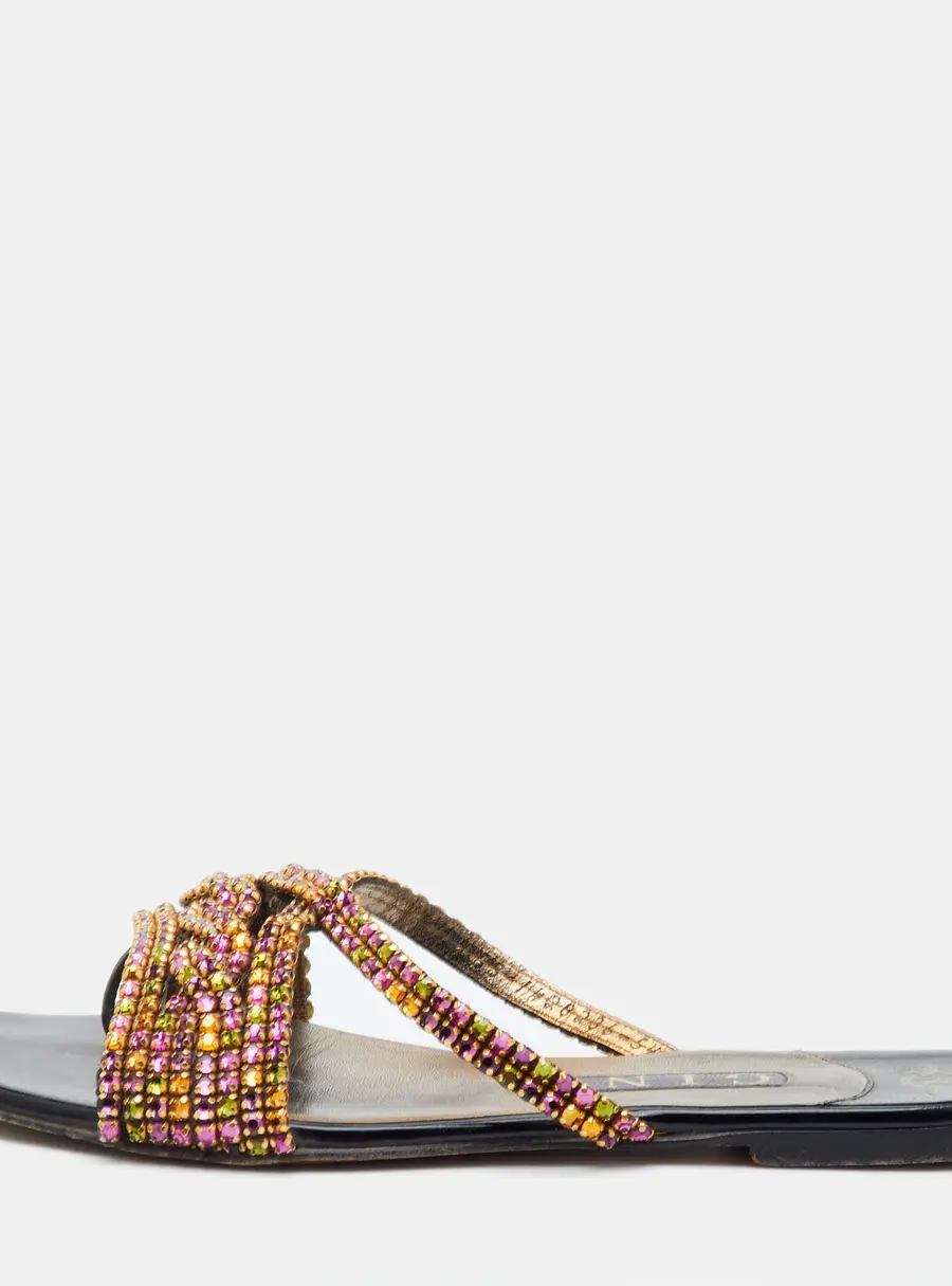Gina Size 38.5 Black Leather Crystal Embellished Flat Slide Sandals