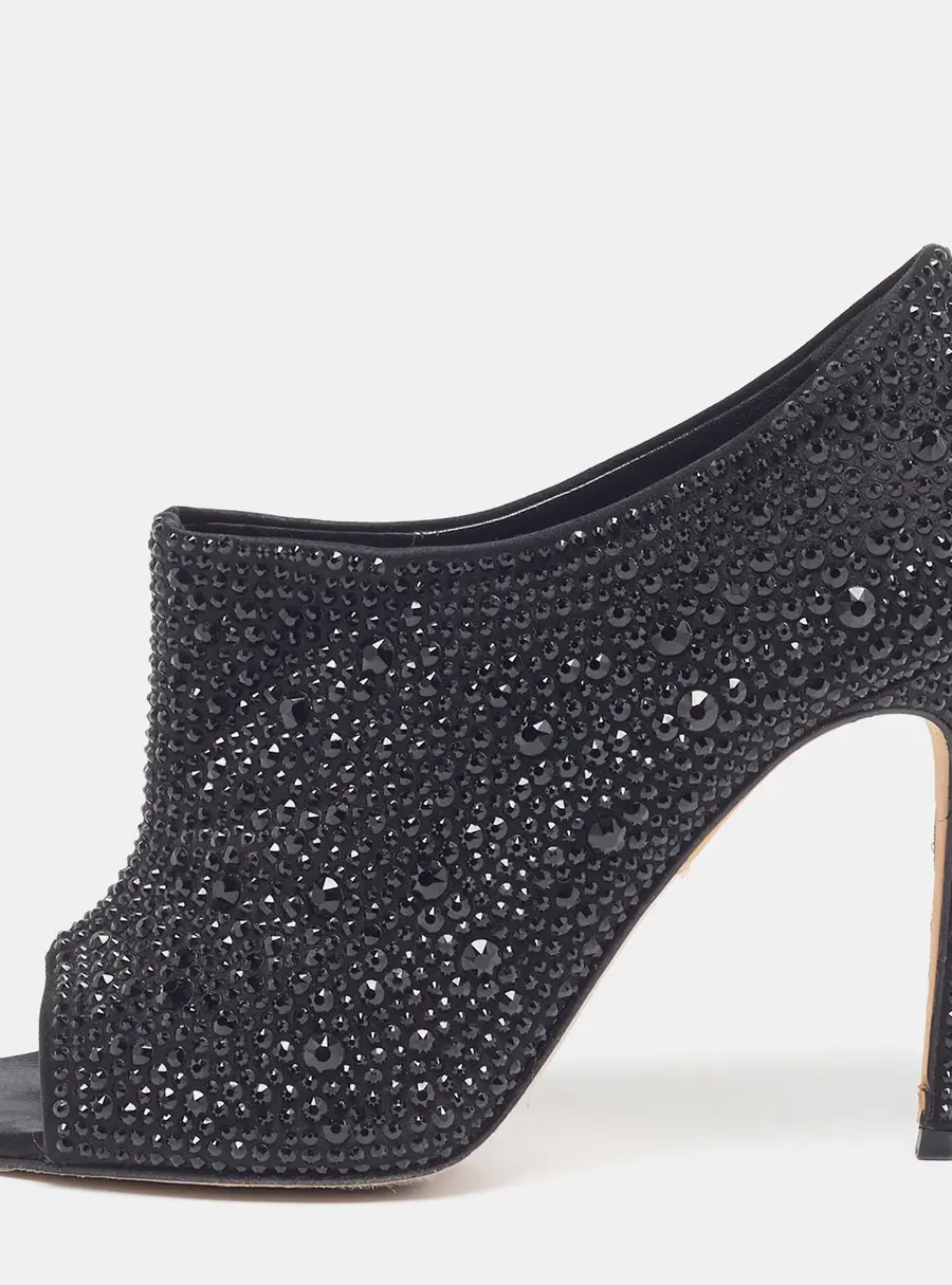 Gina Size 40 Black Satin Crystal Embellished Open Toe Booties