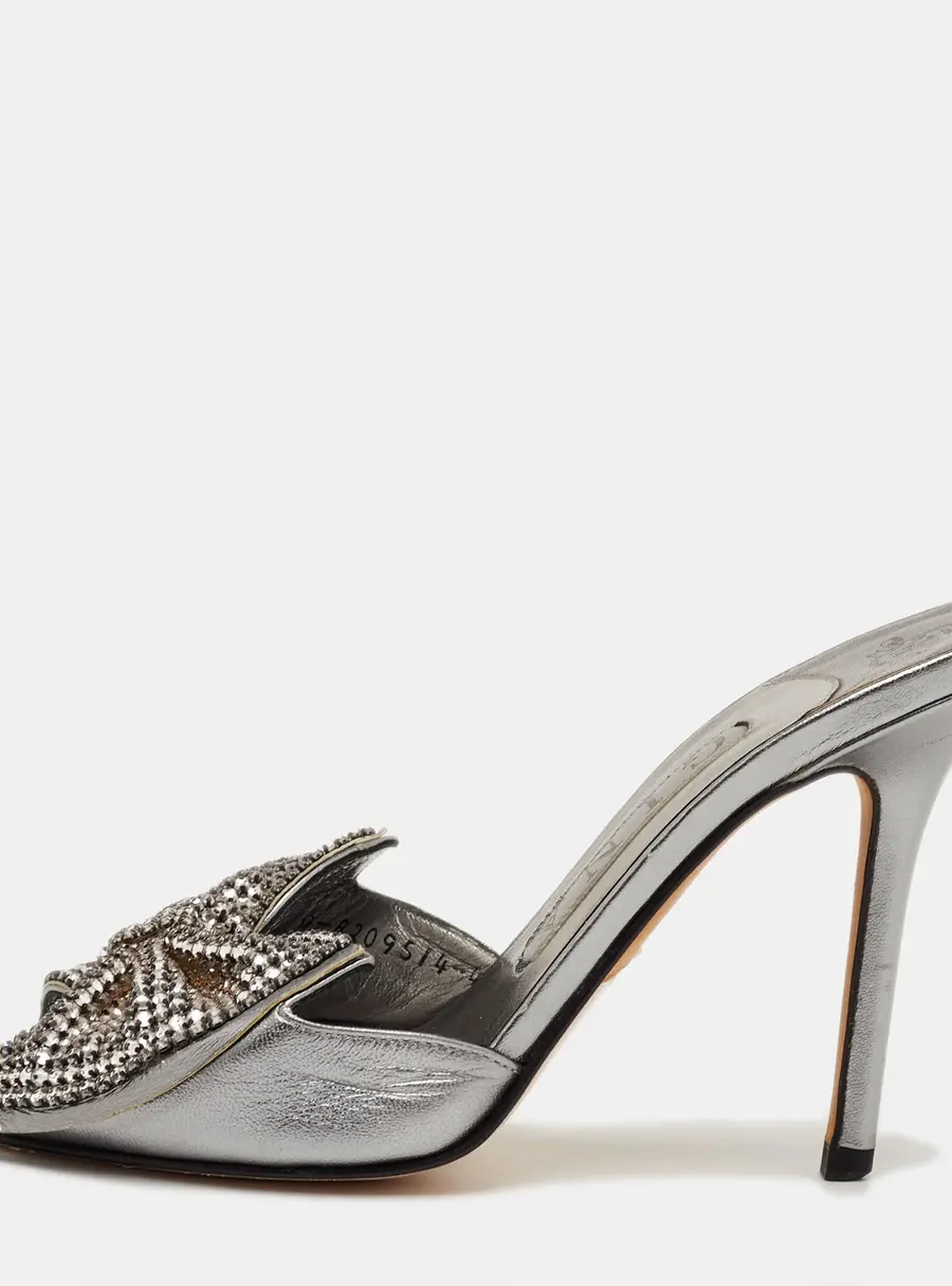 Gina Size 37 Silver Leather Crystal Embellished Slide Sandals