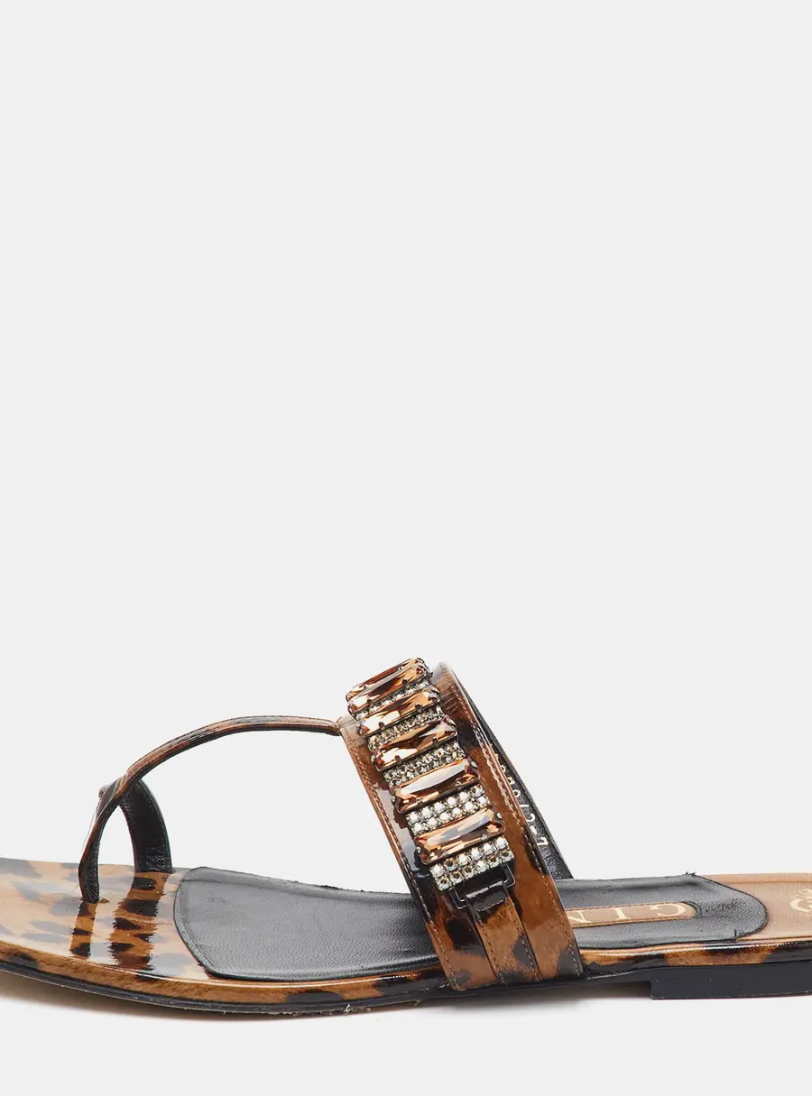 Gina Size 40 Brown Leopard Print Patent Leather Crystal Embellished Flat Sandals