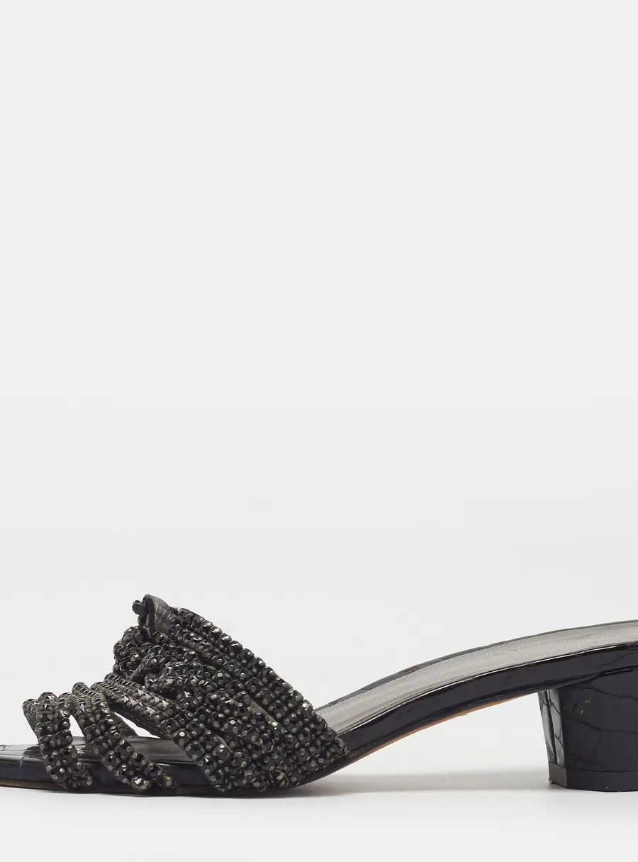 Gina Size 37 Black Croc Embossed Patent Leather Crystal Embellished Block Heel Slide Sandals