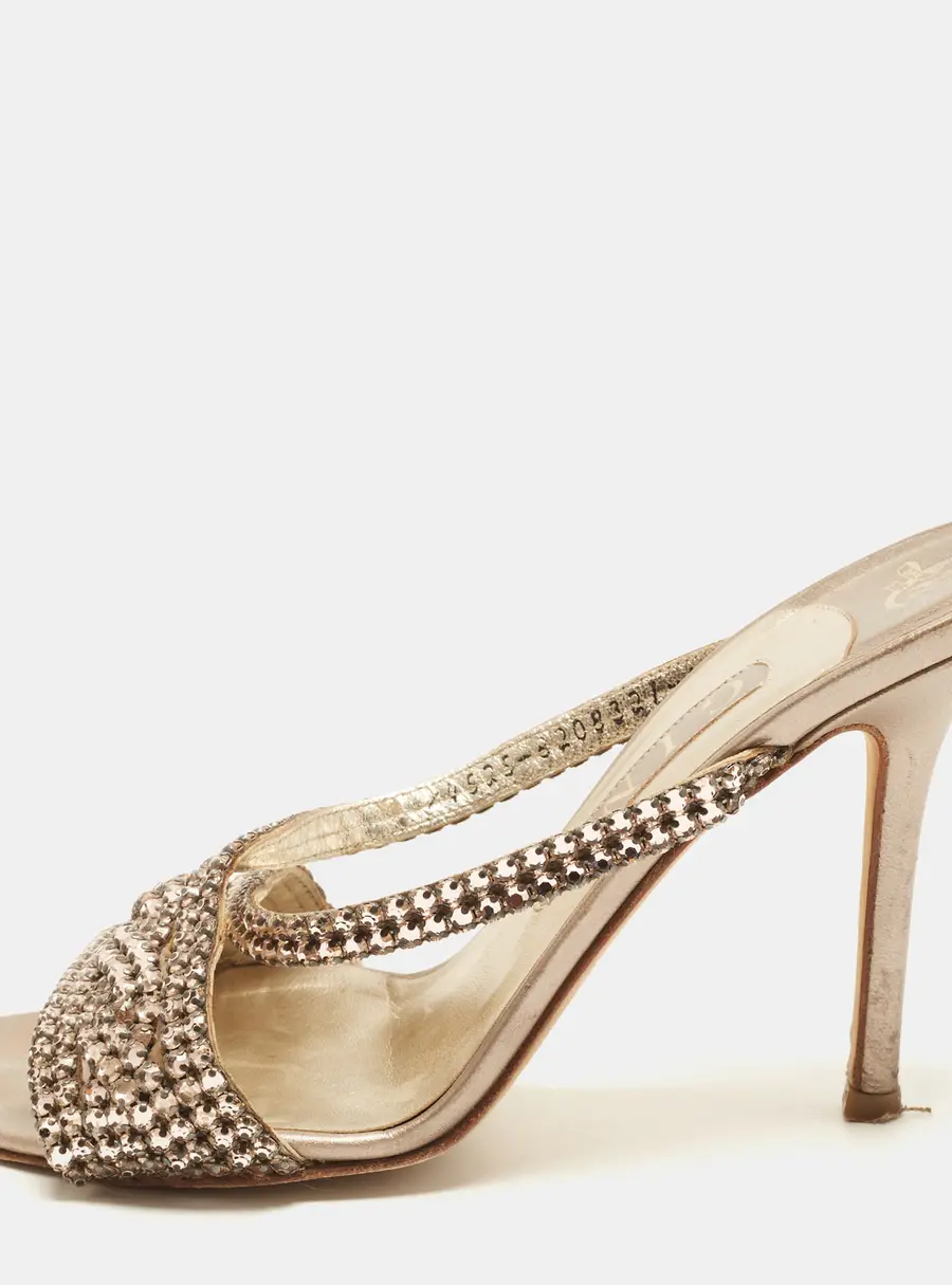 Gina Size 39 Gold Leather Crystal Embellished Slide Sandals